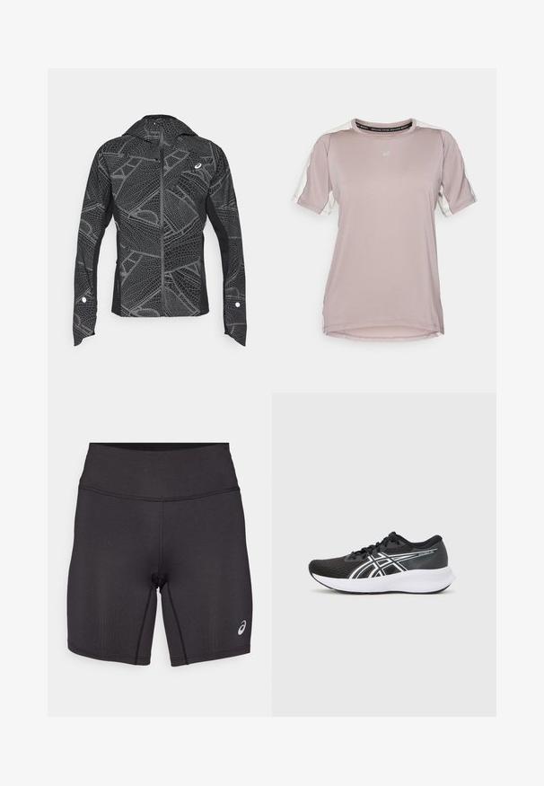 Sort atletisk jakke med reflekterende geometrisk mønster, slankt design, fuld lynlås foran og hætte. Har lommer og manchetter med accenter.; ASICS FUJITRAIL ELITE TOP - Sports T-shirts - rainstorm grey/cream; Sorte atletiske shorts med en glat tekstur, tætsiddende design og høj talje. Har kontrasterende syninger og et lille logo på underbenet.; Sorte atletiske sko med en tekstureret mesh-overdel, hvide accenter og en polstret hvid sål. Har et logo på siden og snørebånd.