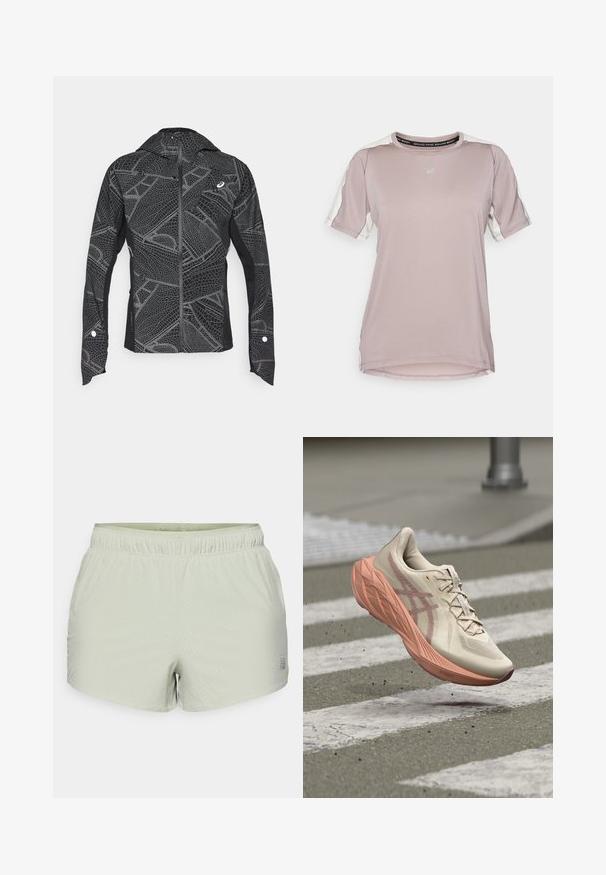 Sort atletisk jakke med reflekterende geometrisk mønster, slankt design, fuld lynlås foran og hætte. Har lommer og manchetter med accenter.; ASICS FUJITRAIL ELITE TOP - Sports T-shirts - rainstorm grey/cream; Lys grønne atletiske shorts lavet af åndbart stof, med perforeret tekstur og elastisk talje. Logo trykt på siden.; Løbesko med beige overdel og pink polstret sål, der svæver over fodgængerfelt på asfaltvej.
