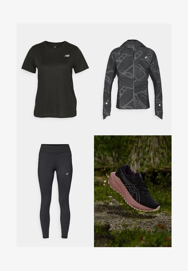 Sort atletisk jakke med reflekterende geometrisk mønster, slankt design, fuld lynlås foran og hætte. Har lommer og manchetter med accenter.; Sort kortærmet T-shirt lavet af glat stof, med rund halsudskæring og et reflekterende hvidt logo på venstre bryst.; ASICS CORE WINTER - Vinter-tights - performance black; Sort og pink løbesko ophængt over grus og mos i en udendørs skovindstilling.