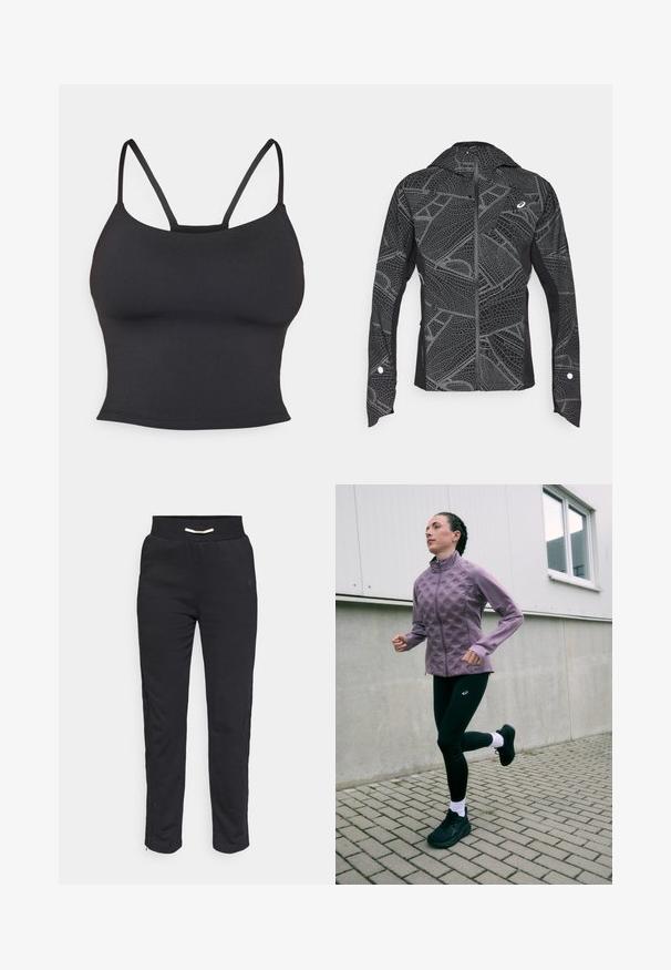 Sort atletisk jakke med reflekterende geometrisk mønster, slankt design, fuld lynlås foran og hætte. Har lommer og manchetter med accenter.; Sort tætsiddende camisole lavet af glat stof, med tynde stropper og rund halsudskæring, uden yderligere mønstre eller accenter.; Sorte atletiske joggers med blød tekstur, der har en ribbet talje og sidelister med en lynlås ved sømmen for justerbar pasform.; Lilla struktureret løbejakke med høj krave, parret med sorte leggings med subtile perforerede detaljer. Sorte løbesko og hvide sokker.