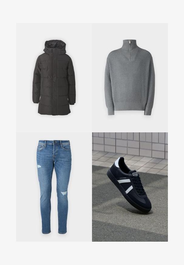 Sort pufferjakke med hætte, som har et quiltet design, frontlynlås og to sidelommer. Fremstillet af et glat, isoleret materiale.; Grå ribbet sweater med høj lynlås-krave og lange ærmer. Har et struktureret strikmønster med en afslappet pasform og elastiske manchetter.; Fadede blå denim jeans med slim fit, der har slidte områder ved knæene, en knaplukning og fem-lomme design.; Sort lædersneaker med hvide striber, tekstureret gummisål og snørrebånd foran. Har et brandet mærke på tungen.