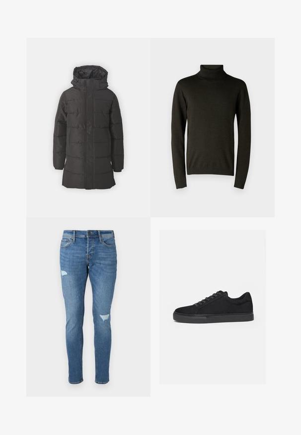 Schwarze Daunenjacke mit Kapuze, ausgestattet mit einem gesteppten Design, einem Reißverschluss auf der Vorderseite und zwei seitlichen Taschen. Hergestellt aus einem glatten, isolierten Material.; Dunkelgrüner Rollkragenpullover aus weichem Strickmaterial, mit langen Ärmeln und gerippten Bündchen sowie Saum. Glatte Textur mit minimaler Detailgestaltung.; Verblasste blaue Jeans im Slim-Fit, mit zerstörten Stellen an den Knien, einem Knopfverschluss und einem Fünf-Taschen-Design.; Schwarzer Low-Top-Sneaker mit Schnürung vorne und flacher Gummisohle, seitlich auf weißem Hintergrund dargestellt.