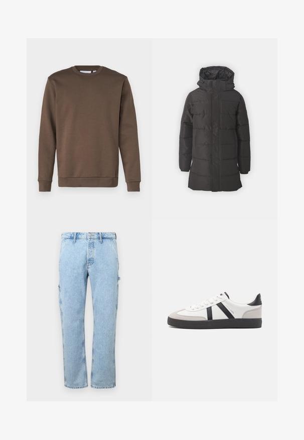 Zwarte pufferjas met een capuchon, voorzien van een gequilt ontwerp, een ritssluiting aan de voorkant en twee zijzakken. Gemaakt van een glad, geïsoleerd materiaal.; Only & Sons ONSCERES CREW NECK - Sweater - major brown; Lichtblauwe denim cargobroek met een recht ontwerp, zijzakken en een knoopsluiting bij de taille. De stof heeft een vervaagd textuur.; Witte sneaker met zwarte en grijze accenten, voorzien van een grijze neus met textuur, zwarte rubberen zool en platte witte veters. Schoon ontwerp, minimalistische stijl.