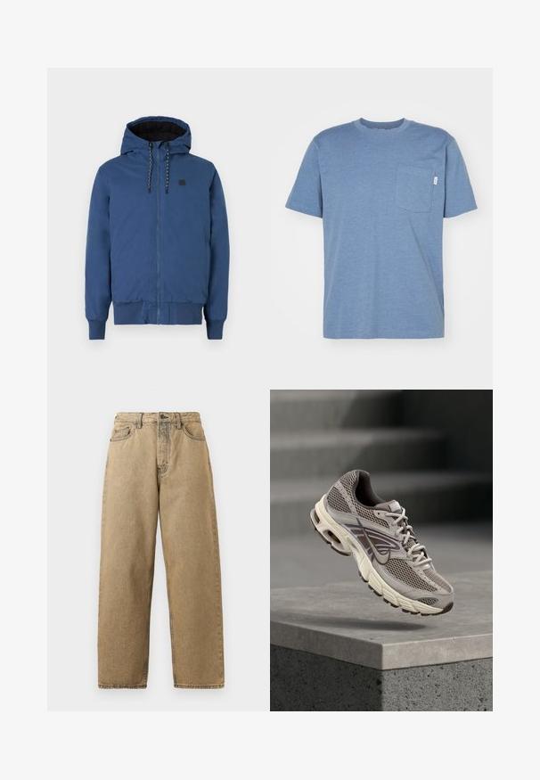 Blaue Kapuzenjacke mit durchgehendem Reißverschluss, elastischen Bündchen und Saum, ausgestattet mit einem schwarzen Innenfutter und strukturierten Kordeln. Minimalistisches Logo auf der Brust.; Blaues Kurzarm-T-Shirt aus weichem Stoff, mit einer Brusttasche und Rundhalsausschnitt. Einfaches Design ohne zusätzliche Muster.; Beige Denim-Jeans mit geradem Bein, ausgestattet mit einem Reißverschluss, Gürtelschlaufen und kontrastierenden Nähten. Keine auffälligen Muster oder Hardware-Details.; Grau-beiger Nike-Laufschuh, der in der Luft über einer Betonbrüstung schwebt, mit verschwommenen Treppen im Hintergrund.