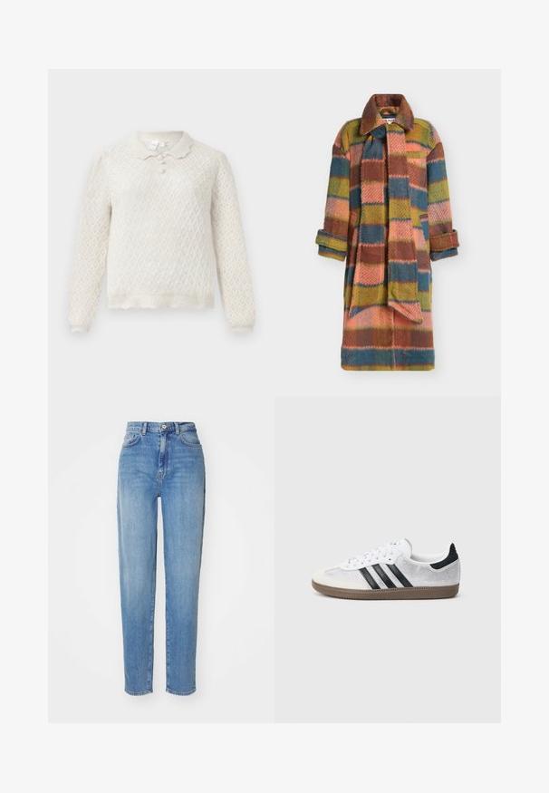 Manteau à carreaux multicolore en tissu texturé. Comprend un col, des manches longues, deux poches avant et une écharpe assortie. Les couleurs incluent le vert, le rose et le bleu.; Pull en tricot couleur crème avec motif en losanges, manches longues, ourlet festonné et col à trois boutons.; Jean taille haute bleu clair avec une coupe droite. Fabriqué en denim, avec cinq poches et une fermeture à bouton à l'avant. Texture lisse.; Baskets en mesh blanc avec des rayures noires, un embout en daim beige et un accent sur le talon, semelle en caoutchouc texturée, et lacets blancs. Design classique à tige basse.
