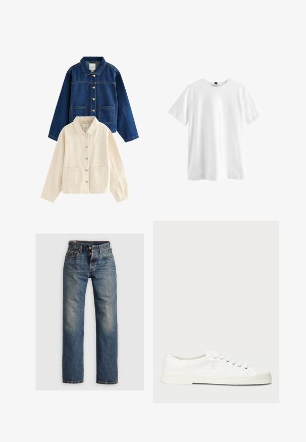 Zwei legere Hemdjacken, eine aus dunkelblauem Denim und eine in Off-White, jeweils mit Kragen und zwei aufgesetzten Vordertaschen.; Schlichtes weißes T-Shirt mit kurzen Ärmeln und Rundhalsausschnitt mit einem schwarzen Etikett innen am Kragen, flach auf weißem Hintergrund dargestellt.; Blaue Denim-Jeans mit geradem Bein, ausgestattet mit sichtbaren Nähten, einem Reißverschluss und fünf Taschen. Ausgewaschene Stellen sorgen für Textur.; Weiße Leinensneaker mit runder Zehenpartie, Schnürverschluss und dezentem Logodetail. Verfügt über ein strukturiertes Gewebe und eine Gummisohle.