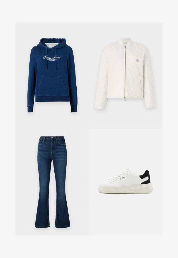Guess Jeans QUILTED PUFFER JACKET - Bomberjacks - pristine white; Marineblauwe hoodie met frontale kangoeroezak, capuchon met trekkoord en witte tekst "Guess Jeans American Tradition California" op de borst.; Hoge taille flared jeans in donkere denim. Voorzien van een knoop- en ritssluiting aan de voorkant, riemlussen en een minimalistisch beschadigde textuur.; Witte leren sneakers met een dikke witte zool, zwarte suède hielaccent en een geperst logo op de zijkant. Vetersluiting met zes oogjes.