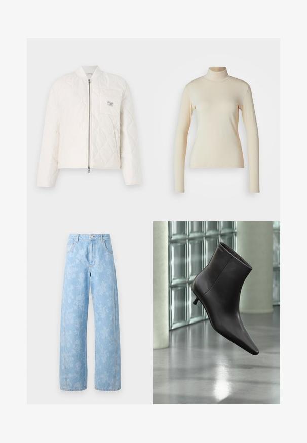 Guess Jeans QUILTED PUFFER JACKET - Chaquetas bomber - pristine white; Top de manga larga de color crema con cuello alto, hecho de una tela suave y elástica; diseño ajustado con cuello alto y sin patrones o acentos visibles.; Mads Nørgaard ART CHRISTEL - Vaqueros boyfriend - light denim; Bota de cuero negro para el tobillo con puntera puntiaguda y tacón pequeño, exhibida frente a una pared de bloques de vidrio y un suelo pulido.