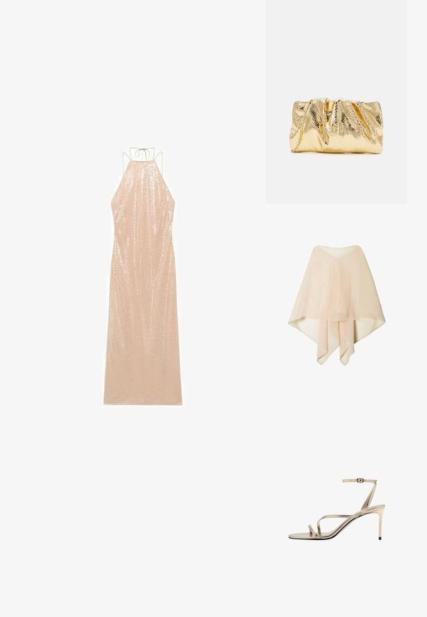 Poncho de chiffon semitransparente en un tono beige claro, con dobladillo asimétrico y detalles de tela en capas, presentado sobre un fondo blanco.; Vestido largo sin mangas en beige claro con cuello halter y lazo en la espalda. Cubierto de lentejuelas, con una silueta fluida y textura suave.; Sandalia de tacón alto en dorado con tiras, correa fina en el tobillo con hebilla, tacón delgado y punta abierta sobre fondo blanco.; Loeffler Randall SERENA - Clutch - gold-coloured
