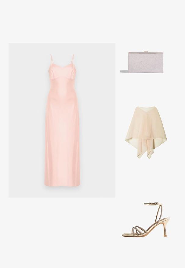 Poncho de chiffon semitransparente en un tono beige claro, con dobladillo asimétrico y detalles de tela en capas, presentado sobre un fondo blanco.; Vestido largo de satén rosa pálido con finos tirantes de espagueti y corpiño ajustado, mostrado sobre un fondo blanco liso.; Sandalia dorada de tacón alto con finas tiras de pedrería sobre los dedos y una pulsera al tobillo con cierre de hebilla.; Clutch plateado brillante con forma rectangular elegante, cierre de metal y textura suave. Diseño minimalista.