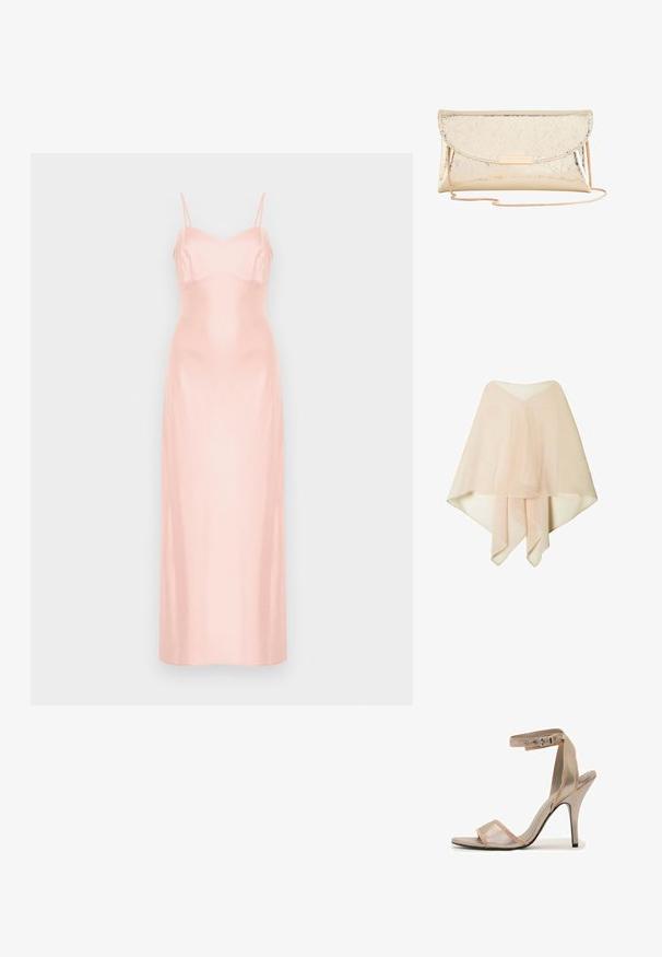 Poncho de chiffon semitransparente en un tono beige claro, con dobladillo asimétrico y detalles de tela en capas, presentado sobre un fondo blanco.; Vestido largo de satén rosa pálido con finos tirantes de espagueti y corpiño ajustado, mostrado sobre un fondo blanco liso.; Sandalía metálica dorada de tacón alto con correa en el tobillo y punta abierta sobre fondo blanco.; Bolso clutch metálico dorado brillante con cadena y un cierre rectangular dorado en la solapa frontal.