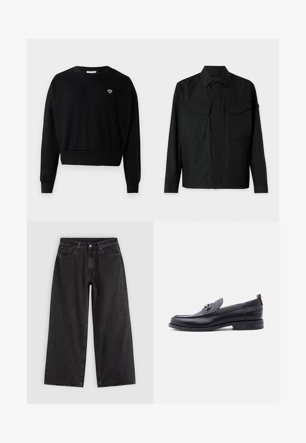 Sort jakke med krave, to brystlommer, sideslidser og lange ærmer. Lavet af et glat, mat stof.; Sort cropped sweatshirt med rund halsudskæring, lange ærmer og et lille broderet logo på brystet, lavet af en blød bomuldsblanding.; Sorte denim jeans med vide ben, forlommer, bæltestropper og knaplukning, vist på en ensfarvet lys baggrund.; Sort lædermokasin med grå tekstureret forfod, sølvfarvet metalspænde, lav hæl og trækflap bagpå.