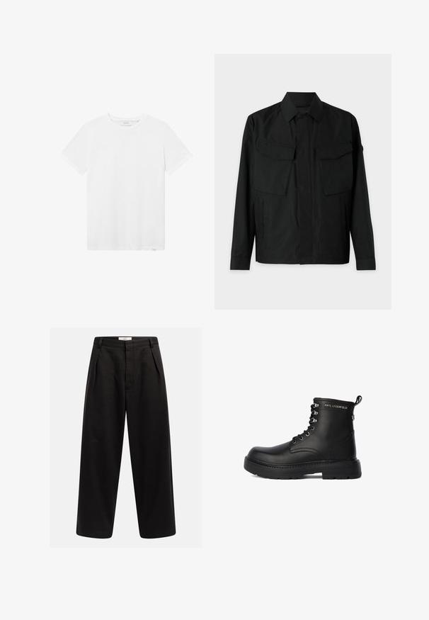 Chaqueta negra con cuello tipo solapa, dos bolsillos en el pecho, aberturas laterales y mangas largas. Fabricada con una tela suave y mate.; Camiseta de algodón blanca con cuello redondo, mangas cortas y un sutil detalle del logo en el pecho. Textura suave y ajuste estándar.; Pantalones de pierna ancha negros con pliegues frontales, trabillas para cinturón y un cierre oculto, etiquetados como "Rebel" en la cintura.; Botas de cuero negro hasta el tobillo con punta redonda, cordones en la parte delantera, ojales de metal y una tira de agarre. Cuentan con una suela de goma gruesa y un adorno con el logo.