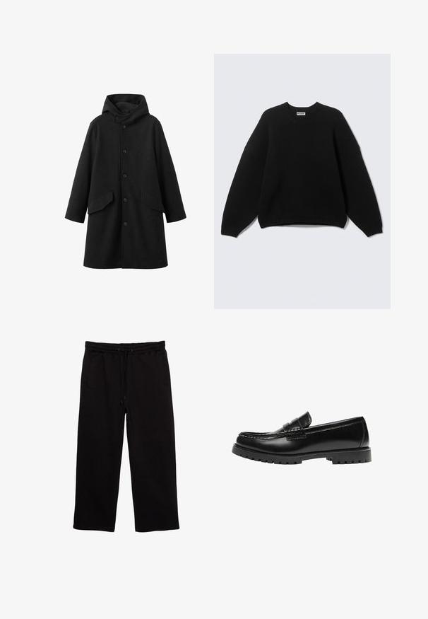 Manteau noir avec capuche, en tissu texturé. Doté d'une fermeture boutonnée à l'avant et de deux poches obliques. Coupe ample longueur genou.; Pull noir à manches longues avec col rond, poignets et ourlet côtelés, portant l'étiquette "WEEKDAY" au niveau du col, présenté sur un fond uni.; Pantalons de survêtement noirs en tissu doux, avec une taille élastique et un cordon de serrage, deux poches latérales et une coupe décontractée.; Mocassin en cuir noir avec une semelle en caoutchouc épaisse et un détail classique de bride à monnaie, vu de côté extérieur.
