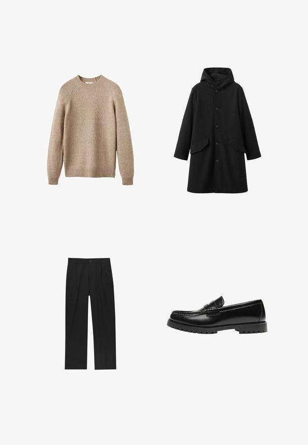 Manteau noir avec capuche, en tissu texturé. Doté d'une fermeture boutonnée à l'avant et de deux poches obliques. Coupe ample longueur genou.; Pull en tricot beige avec un col rond, des poignets et un ourlet côtelés. Présente une finition texturée et des manches raglan. Coupe classique.; Pantalons noirs au design droit, fabriqués à partir d'un tissu lisse. Dotés de plis sur le devant et d'une fermeture à un bouton à la taille.; Mocassin en cuir noir avec une semelle en caoutchouc épaisse et un détail classique de bride à monnaie, vu de côté extérieur.