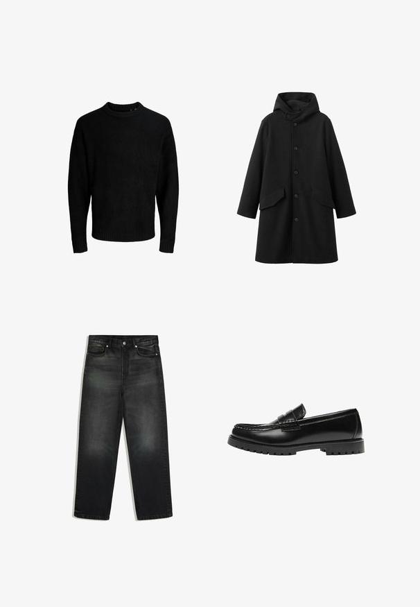 Sort frakke med hætte, lavet af struktureret stof. Har knaplukning foran og to skrå lommer. Løs pasform med længde til knæet.; Sort sweater, rund halsudskæring, lange ærmer, ribbede manchetter og kant, blød tekstur, ensfarvet, minimalistisk design.; Sorte jeans med højt liv og lige ben, med forlommer og metal knaplukning, lagt fladt på en hvid baggrund.; Sort læderloafer med en kraftig gummisål og klassiske penny-strap detaljer, vist fra ydersiden.