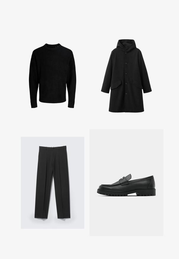 Manteau noir avec capuche, en tissu texturé. Doté d'une fermeture boutonnée à l'avant et de deux poches obliques. Coupe ample longueur genou.; Pull noir, encolure ronde, manches longues, poignets et ourlet côtelés, texture douce, couleur unie, design minimaliste.; Pantalon noir ajusté avec plis avant, poches latérales, passants de ceinture et fermeture par bouton à la taille sur un fond clair.; Mocassins en cuir noir à bout arrondi, avec un design cousu, une semelle plateforme basse et une semelle en caoutchouc texturée et crantée.