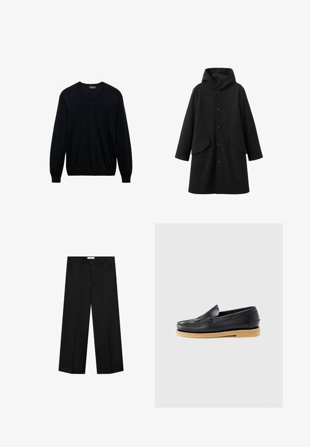 Sort frakke med hætte, lavet af struktureret stof. Har knaplukning foran og to skrå lommer. Løs pasform med længde til knæet.; Sort langærmet V-hals sweater med ribbede manchetter og kant, præsenteret på en hvid baggrund.; Sorte bukser med vide ben lavet af et glat materiale, med forlommer, knaplåsning og en presset rille ned langs hvert ben.; Sort læderloafer med vævet detalje på tåen og en lys brun crepesål, vist fra siden på en hvid baggrund.