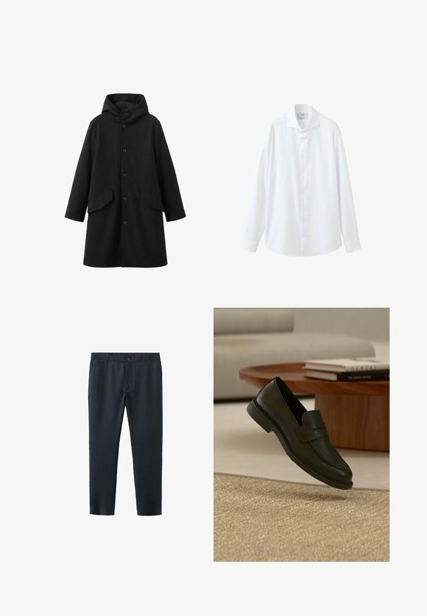 Manteau noir avec capuche, en tissu texturé. Doté d'une fermeture boutonnée à l'avant et de deux poches obliques. Coupe ample longueur genou.; Chemise blanche à manches longues avec boutons, col pointu et poignets, affichée sur fond blanc.; Pantalon habillé noir slim avec fermeture bouton et zip, passants de ceinture et poches avant, présenté sur fond blanc.; Chaussure mocassin en cuir noir présentée en suspension au-dessus d'un tapis beige tissé, avec une table en bois et des livres empilés dans un salon doucement éclairé.