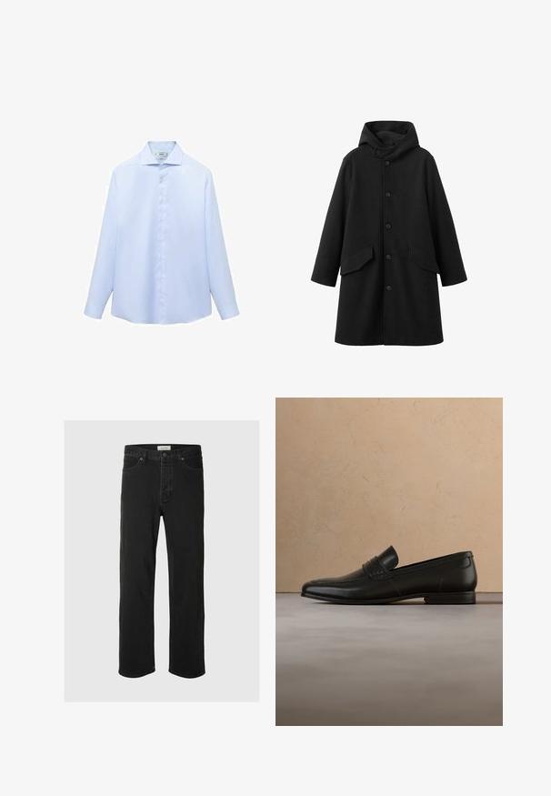 Abrigo negro con capucha, hecho de tela texturizada. Cuenta con cierre de botones al frente y dos bolsillos inclinados. Corte amplio que llega hasta la rodilla.; Camisa de manga larga azul clara en un tejido suave, con cuello puntiagudo y botonera completa con botones blancos. Sin estampados ni acentos.; Los jeans rectos de mezclilla negra presentan un diseño clásico de cinco bolsillos con cierre de botón, costuras mínimas y una textura suave.; Zapato mocasín de cuero negro suspendido en el aire sobre una alfombra beige con un sofá beige de fondo.