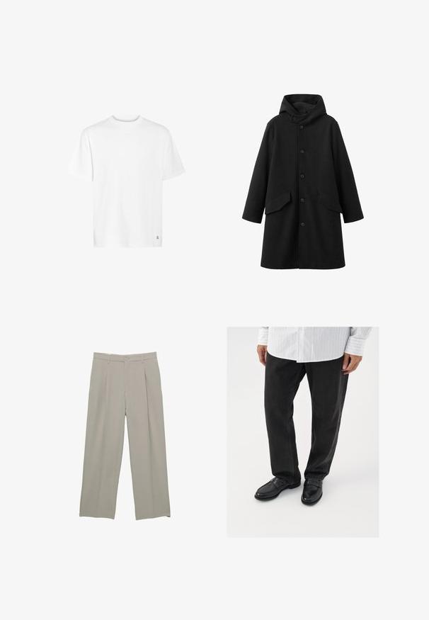 Schwarzer Mantel mit Kapuze, aus strukturiertem Stoff. Verfügt über eine durchgehende Knopfleiste und zwei schräge Taschen. Locker geschnitten mit knielangem Schnitt.; Weißes Baumwoll-T-Shirt mit rundem Ausschnitt, kurzen Ärmeln und geradem Saum. Mit einem kleinen Logodetail in der unteren Ecke.; Hellgraue weit geschnittene Hosen mit glatter Textur, mit vorderen Falten, Knopfverschluss und seitlichen Taschen.; Schwarze Jeans kombiniert mit glänzenden schwarzen Slippern. Das Hemd ist weiß mit dünnen vertikalen Streifen, hat lange Ärmel und einen geknöpften Kragen.