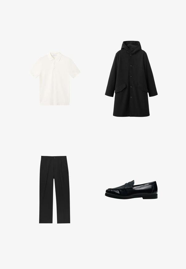 Manteau noir avec capuche, en tissu texturé. Doté d'une fermeture boutonnée à l'avant et de deux poches obliques. Coupe ample longueur genou.; Polo blanc à manches courtes avec col et patte à trois boutons, présenté sur un fond blanc uni.; Pantalons noirs au design droit, fabriqués à partir d'un tissu lisse. Dotés de plis sur le devant et d'une fermeture à un bouton à la taille.; Mocassin penny loafer pour homme en cuir noir avec bout moc cousu et petit talon, présenté de profil sur fond blanc.