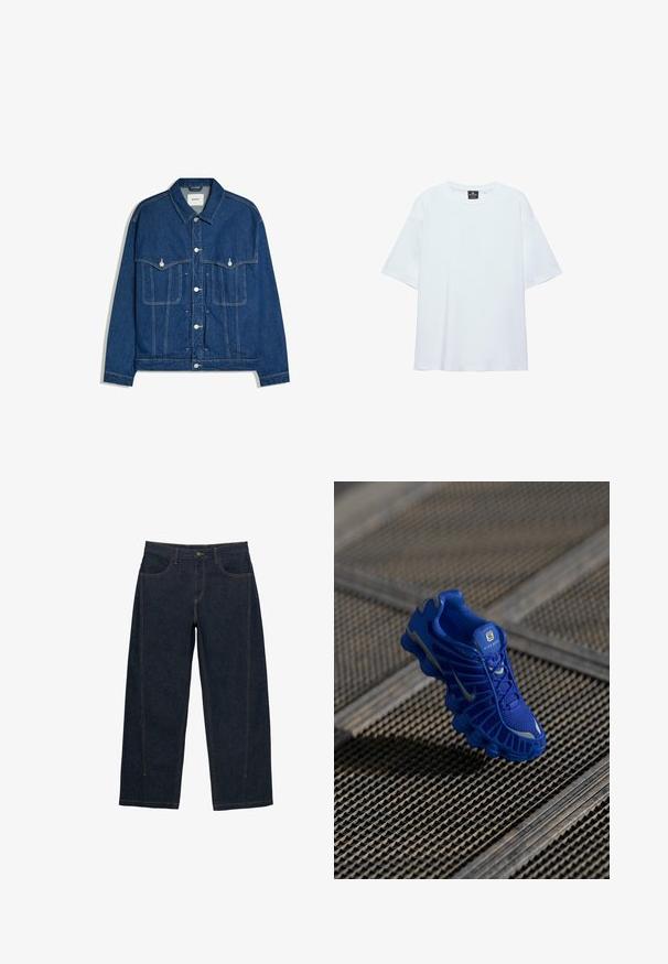 Dunkelblaue Jeansjacke mit Frontknöpfen, zwei Brusttaschen mit Knopflappen und sichtbaren Nähten an Ärmeln und Körper.; Schlichtes, weißes, übergroßes T-Shirt mit kurzen Ärmeln, rundem Ausschnitt und einem schwarzen Etikett innen am Kragen vor weißem Hintergrund.; Dunkelblaue Jeans mit weitem Bein aus Denim, mit kontrastierenden orangefarbenen Nähten, fünf Taschen, einem Knopfverschluss und einem mittelhohen Bund.; Blaue Sportschuh mit einem Obermaterial aus Netzgewebe, strukturiertem Design und einer markanten Sohle, die über ausgeprägte Dämpfungselemente und reflektierende Akzente verfügt.