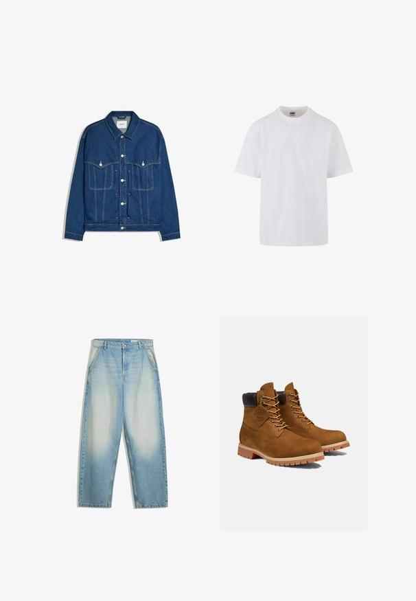 Mørkeblå denimjakke med knapper foran, to brystlommer med knapklapper og synlige sømme på ærmer og krop.; Hvid kortærmet t-shirt lavet af bomuld, med en rund halsudskæring og en enkelt lomme på venstre side af brystet.; Lyseblåvaskede denimjeans med løs pasform, sidelommer, bæltestropper og knaplukning ved taljen.; Brune ruskinds ankelstøvler med en polstret sort krave, gyldne snørehuller og en tyk gummisål med en mønster, der giver godt greb.