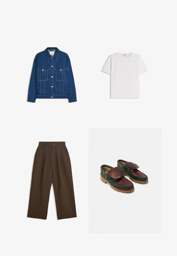 Donkerblauwe spijkerjas met knopen aan de voorkant, twee borstzakken met knoopkleppen en zichtbare stiksels op mouwen en lijf.; Wit katoenen T-shirt met een ronde hals en korte mouwen. Heeft een klassieke, rechte pasvorm zonder zichtbare patronen of accenten.; Bruine geplooide broeken met een wijdvallend ontwerp, voorzien van een knoopsluiting en zijzakken, gemaakt van een textiel dat geschikt is voor casual wear.; Leren schoenen met een donkergroene body en een wijnrode bovenkant, een ronde neus, een beveiligde klep en een gestructureerde rubberen zool met groeven.