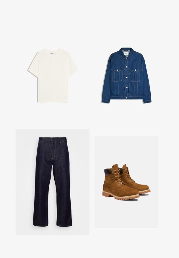 Dunkelblaue Jeansjacke mit Frontknöpfen, zwei Brusttaschen mit Knopflappen und sichtbaren Nähten an Ärmeln und Körper.; Kurzärmeliges, geripptes Strickshirt mit rundem Ausschnitt und Drei-Knopf-Leiste, flach auf weißem Hintergrund liegend.; Dunkelblaue gerade geschnittene Jeans aus Denim mit vorderen Taschen, Gürtelschlaufen, Reißverschluss und Knopfverschluss, präsentiert vor einem schlichten weißen Hintergrund.; Braune Wildleder-Stiefeletten mit einem gepolsterten schwarzen Kragen, goldenen Ösen und einer dicken Gummisohle mit einem Rillenmuster für besseren Grip.