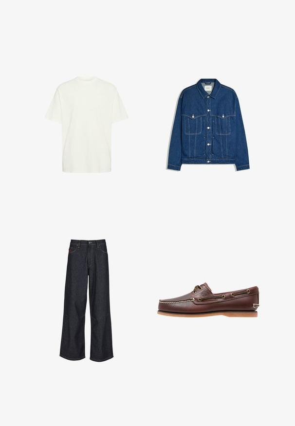 Donkerblauwe spijkerjas met knopen aan de voorkant, twee borstzakken met knoopkleppen en zichtbare stiksels op mouwen en lijf.; Witte katoenen t-shirt met een losse pasvorm, ronde hals, korte mouwen en een vlakke zoom, met een gladde textuur en geen zichtbare patronen.; Donkerblauwe wijd uitlopende spijkerbroek van denim, met een klassiek ontwerp van vijf zakken, contrasterende stiksels en een knoopsluiting.; Bruine leren bootschoen met witte stiksels, veterdetails en beige rubberen zool, zijaanzicht op een witte achtergrond.