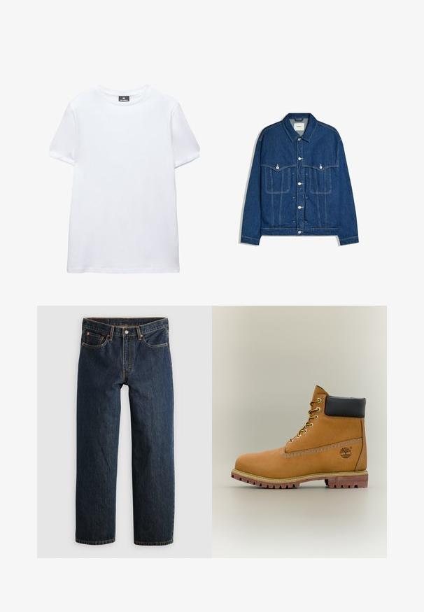 Mørkeblå denimjakke med knapper foran, to brystlommer med knapklapper og synlige sømme på ærmer og krop.; Simpel hvid t-shirt med korte ærmer og rund halsudskæring med en sort Pull&Bear mærkat indeni kraven, vist på en hvid baggrund.; Mørkeblå denimjeans med en lige ben-snit. Har fem lommer, kontrastsyning og knaplukning i taljen.; Brun læderankelstøvle med sort krave, gule snørebånd og tanfarvet sål. Har logo og hvide syninger som detalje. Robust ydersål med greb.