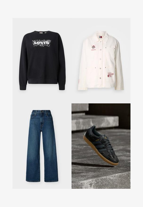 Valge puuvillane jakk, millel on nööpidega esiosa, kaks rinnataskut, brodeeritud Idaho ja Tommy logod ning dekoratiivsed lillemotiivid.; Must paisu, mis on valmistatud puuvillast, sisaldab valget "Levi's" logo tähistaeva kujunduses. Ümar kaelus ning soonikkoes varrukad ja allserv.; Kõrge vöökohaga, lai-jalgadega sinised teksapüksid esikinnitusnuppude ja lukuga, vööaasade ja esitaskutega, ühtsel taustal.; Must Adidas Samba toss paigutatud õhus betoonastmete kohal, millel on tekstureeritud muster, kummist talla ja kuldse logoga.