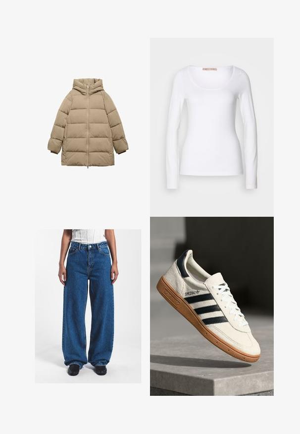 Veste rembourrée beige, en tissu matelassé. Dotée d'une capuche, de manches longues et d'une fermeture éclair à l'avant. Texture douce avec une forme moderne et carrée.; T-shirt en coton blanc à manches longues, avec un col rond et une coupe ajustée, au toucher doux et sans ornement.; Jean en denim bleu à jambes larges avec une taille haute, dotés d'une fermeture à bouton, de poches avant et d'une texture légèrement décolorée.; Baskets en daim blanc avec des bandes navy, semelle en caoutchouc gomme, tige texturée, bout rond et lacets ; arbore un logo sur le côté et sur la languette.