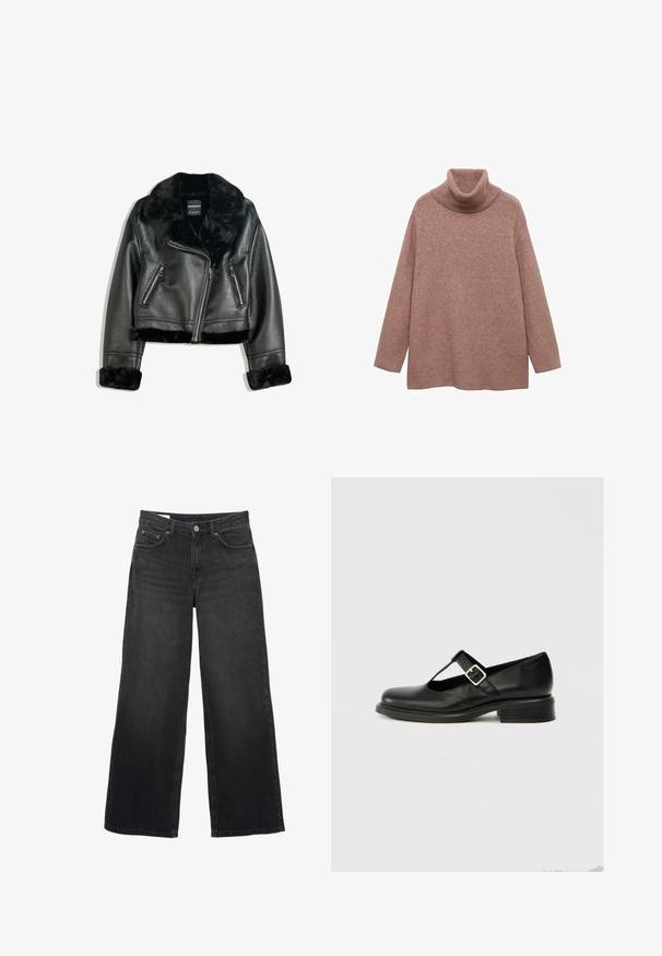 Sort faux læder bikerjakke med plyskrave, manchetter og bund, med diagonalt lynlås og to lynlåslommer foran.; Overdimensioneret turtleneck sweater i blødt, lysebrunt strik. Har en ribkantet halsudskæring og manchetter, med en afslappet pasform og uden synlige mønstre.; Sorte viddebukser i jeans med høj talje, lukning med forreste knap og lynlås, bæltestropper og femlommesdesign.; Sort Mary Jane-sko i læder med rund tå, T-remdesign, justerbar spænde og lav stablet hæl. Glat tekstur med minimal detaljering.