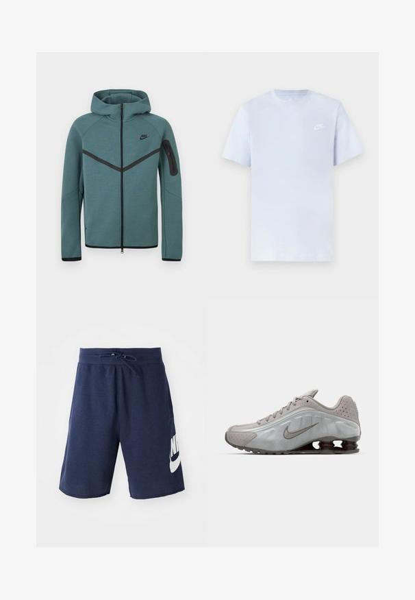 Teal Nike hættetrøje med fuld lynlås, sort chevron-stribe, lynlåslomme på venstre arm og sorte lynlåstrækkere, vist på hvid baggrund.; Lyseblå bomulds t-shirt med korte ærmer, rund hals og et hvidt Nike-logo trykt på venstre bryst. Glat tekstur, simpelt design.; Marineblå sportsshorts lavet af bomuldsblanding, med en elastisk talje og snoretræk, sidelommer og et stort hvidt logo på venstre ben.; Nike løbesko i lysegrå med en glat tekstur, buet design og synlige støddæmpningsfjeder i mørkebrun ved hælen.