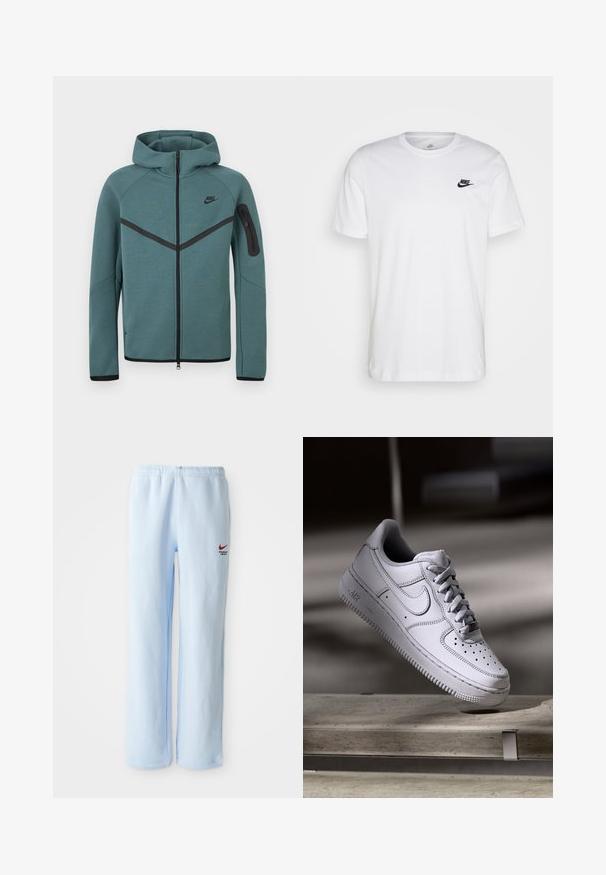Teal Nike hættetrøje med fuld lynlås, sort chevron-stribe, lynlåslomme på venstre arm og sorte lynlåstrækkere, vist på hvid baggrund.; Hvid bomulds T-shirt med rund hals, korte ærmer og et sort Nike-logo på venstre bryst. Enkel, ensfarvet design.; Lysblå joggebukser med elastisk talje, prydet med et lille rødt Nike-logo og teksten "Athletic Department". Blødt bomuldsstof.; Hvid læder Nike Air Force 1 sneaker med perforeret tå, flade snørebånd og tekstureret gummisål med "AIR" branding på siden.