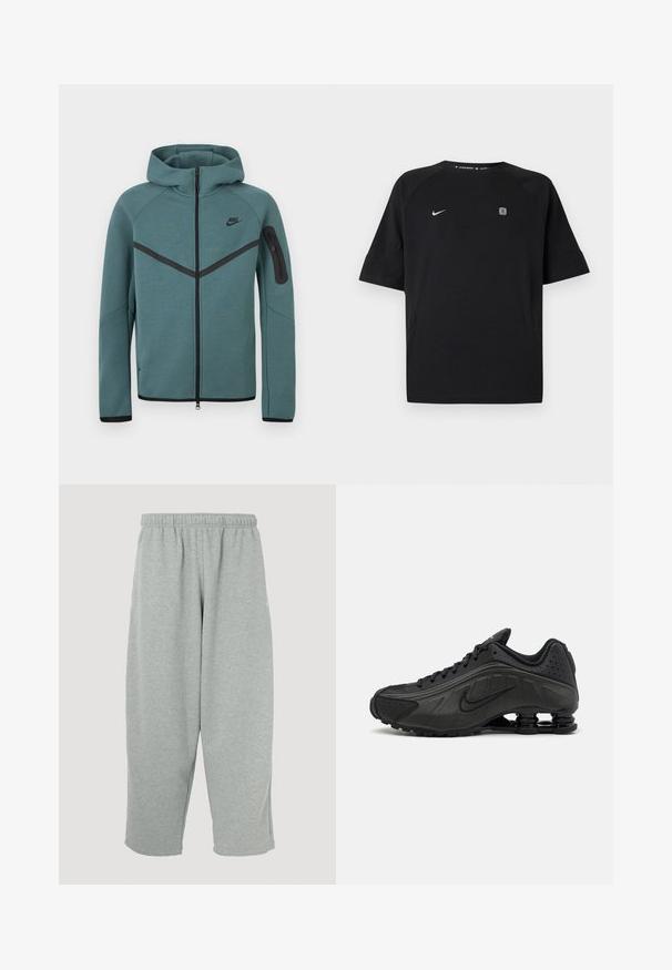 Teal Nike hættetrøje med fuld lynlås, sort chevron-stribe, lynlåslomme på venstre arm og sorte lynlåstrækkere, vist på hvid baggrund.; Sort Nike sportstrøje med korte ærmer med hvid swoosh-logo på venstre bryst og lille firkantet emblem på højre bryst, ensfarvet baggrund.; Lysegrå joggingbukser med elastisk taljebånd, konisk ben-design og blød tekstur. Ingen synligt mærke eller mønstre.; Sorte løbesko med en glat syntetisk overdel, perforerede detaljer, teksturerede sidedele og en distinkt fjedrende sål.
