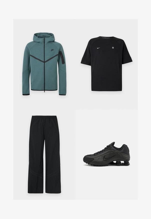 Teal Nike hættetrøje med fuld lynlås, sort chevron-stribe, lynlåslomme på venstre arm og sorte lynlåstrækkere, vist på hvid baggrund.; Sort Nike sportstrøje med korte ærmer med hvid swoosh-logo på venstre bryst og lille firkantet emblem på højre bryst, ensfarvet baggrund.; Sorte bukser med vide ben lavet af letvægtsstof med elastisk talje og diskret buet syningsdetalje ved kanten.; Sorte løbesko med en glat syntetisk overdel, perforerede detaljer, teksturerede sidedele og en distinkt fjedrende sål.