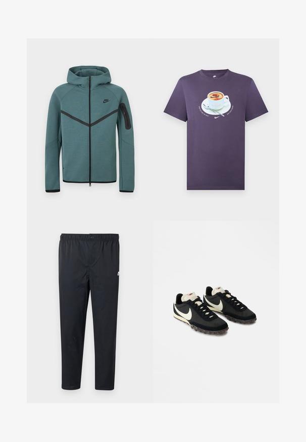 Sudadera con capucha Nike de cremallera completa en color azul verdoso, con una franja en forma de cheurón negra, bolsillo con cremallera en el brazo izquierdo y tiradores de cremallera negros, mostrada sobre un fondo blanco.; Camiseta morada de cuello redondo con un gráfico de una taza de café, platillo y cuchara, con un logo de Nike en la espuma del café.; Pantalones deportivos negros con cintura elástica y cierre de botón, con un pequeño logo blanco de Nike en la parte superior del muslo izquierdo.; Zapatillas deportivas negras con una parte superior texturizada, logo de swoosh blanco y suela de goma con pequeñas puas para tracción. Cuello en color crema.