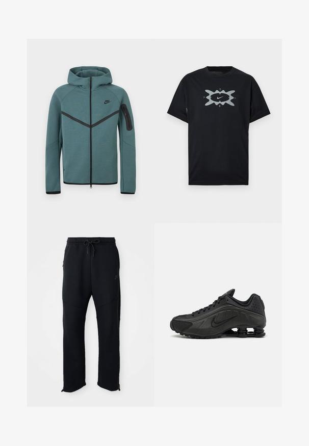 Nike-i roheline täislukuga kapuutsiga dressipluus musta ševroontriibuga, vasakul käeosal lukuga tasku ja mustade tõmblukukäepidemetega, valgel taustal.; Mustast puuvillast t-särk, mille keskel on hõbedane kujundus koos Nike logoga ja abstraktse kujuga. Lühikesed varrukad, ümmargune kaelus, lõdva istuvusega.; Mustad mustaräätsed paelaga ja elastse vööga, küljetaskud, kitsenevad sääred ja tõmblukud pahkluude juures. Sile tekstuur.; Mustad mustat jooksujalad, millel on sile sünteetiline ülemus, perforatsioonid, tekstureeritud külgpaneelid ja eristuv elastne tall.