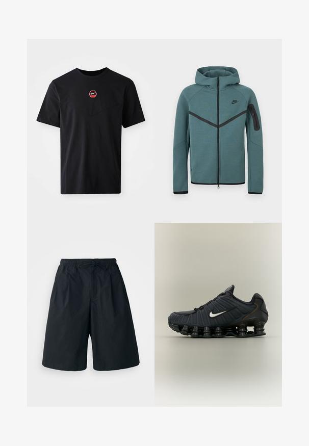 Teal Nike hættetrøje med fuld lynlås, sort chevron-stribe, lynlåslomme på venstre arm og sorte lynlåstrækkere, vist på hvid baggrund.; Sort kortærmet T-shirt i bomuld med et sekskantet rødt og hvidt Nike-logo på brystet og en rund halsudskæring.; Sorte shorts med elastisk talje og justerbar snor. Lavet af et glat stof, med en løs pasform og uden synlige mønstre.; Sort Nike løbesko med hvid swoosh-logo og unikt forårs-inspireret såldesign på en ensartet lys baggrund.
