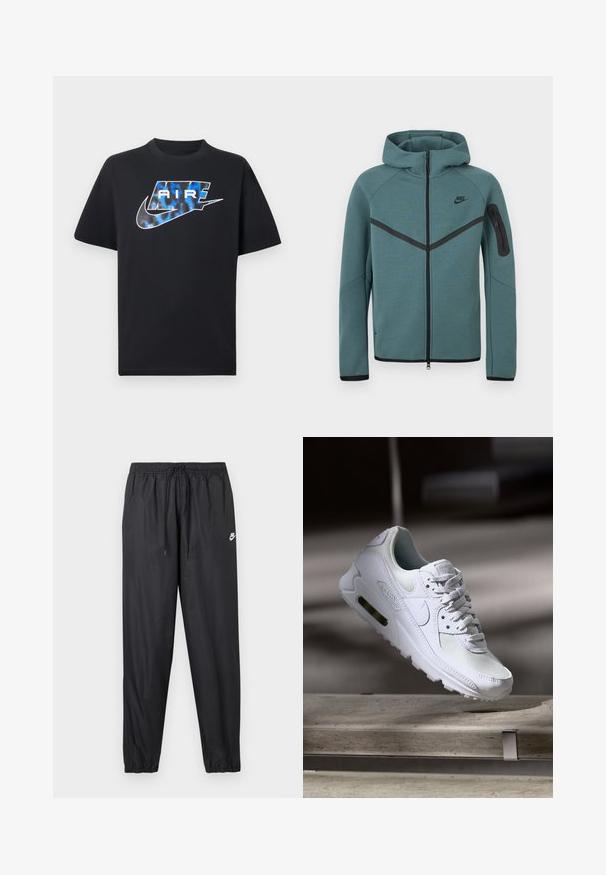 Teal Nike hættetrøje med fuld lynlås, sort chevron-stribe, lynlåslomme på venstre arm og sorte lynlåstrækkere, vist på hvid baggrund.; Sort t-shirt med korte ærmer med blå og hvide stiliserede "AIR"-bogstaver og Nike swoosh-logo på brystet.; Sorte joggerbukser med elastisk taljebånd og justerbar snor. Glat, letvægtsmateriale med en lille hvid Nike-logo.; Hvide Nike Air Max 90 sneakers med en overdel i mesh og læder, perforeret tåboks og en synlig luftenhed i hælen.