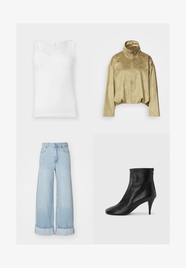 Beige ruskindslignende lynlåsjakke med høj krave, lange ærmer og let indsnævret talje, vist mod en ensfarvet baggrund.; Hvid ribbet tanktop med rektangulær udskæring og brede skulderstropper. Stofmaterialet har en tekstureret, strækbar overflade.; Lysblå brede jeans med høj talje, opsmøgede ben og klassisk denimtekstur. Har frontlommer og lynlås lukning.; Sorte ankelstøvler i læder med en glat tekstur, spids tå og en slank stiletthæl. Har en lynlås i siden for nem påklædning.