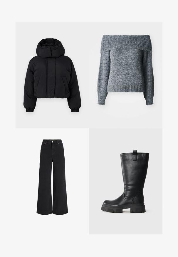 Zwarte cropped pufferjack met hoge gewatteerde kraag, lange mouwen met elastische manchetten en twee voorzakken.; Grijze off-the-shoulder trui, gebreide textuur, lange mouwen, geribde onderrand en halslijn met een losse pasvorm, geschikt voor het lagen.; Brede zwarte denim jeans met vijf pocketdesign, hoge taille en knoopsluiting. Heeft subtiele stiksels en een nette afwerking.; Zwarte leren laars tot halverwege de kuit met een stevige profielzool en een aantreklap aan de zijkant, weergegeven in profiel op een witte achtergrond.