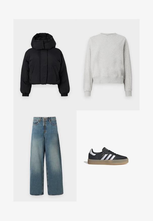 Sort cropped puffer-jakke med høj polstret krave, lange ærmer med elastiske manchetter og to forlommer.; Grå sweatshirt lavet af blødt stof, med rund halsudskæring, ribbede manchetter og en cropped kant. Glat tekstur med minimale design detaljer.; Vidde ben denim jeans i en lys blå vask. Har en lynlås med knaplukning og subtil falming for et brugt look.; Sort læder atletiksko med tre sølvstriber, en struktureret tå og en gummisål. Har en polstret krave og snørebåndsdesign.
