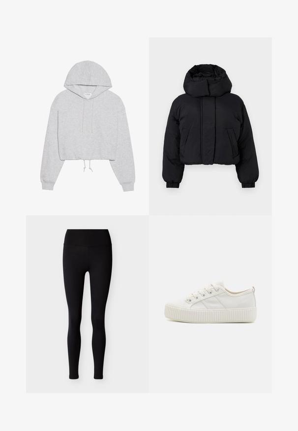 Veste rembourrée noire cropped avec col haut, manches longues avec poignets élastiques et deux poches avant.; Sweat à capuche gris court en tissu doux, avec un cordon de serrage à la capuche, des manches longues et des poignets côtelés. Design simple sans motifs ni graphiques.; Leggings noirs en tissu extensible, avec une taille haute et une coupe ajustée. Texture lisse, sans motifs ni ornements.; Baskets en toile blanches avec une semelle en caoutchouc texturé, un bout arrondi et un design à lacets avec trois bandes latérales.