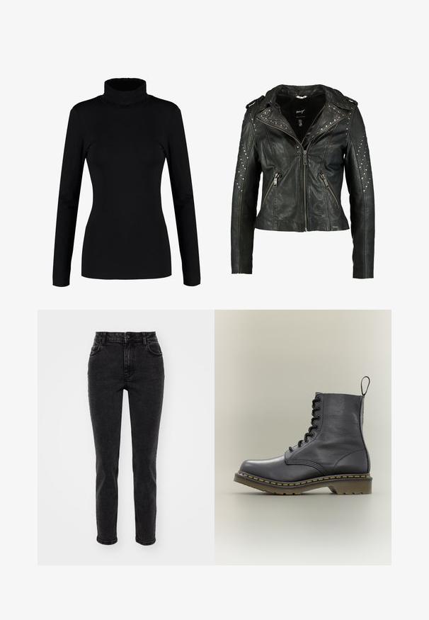 Maze TITANA - Veste en cuir - vintage black; Haut à col roulé noir à manches longues, fabriqué en tissu doux et extensible, avec une coupe ajustée et un col haut. Pas de motifs ni d'ornements.; Jeans en denim noir avec une coupe droite, un design à cinq poches, des passants de ceinture standards et une texture lisse. Fermeture à bouton à l'avant.; Botte de combat en cuir noir avec 8 œillets, semelle en caoutchouc, couture jaune et une languette à l'arrière. Présente une tige texturée.