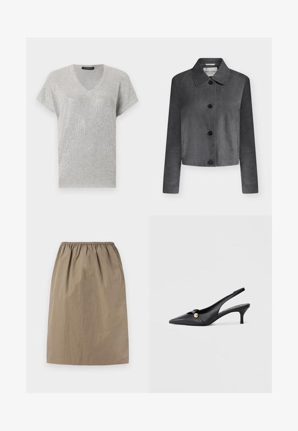 Veste en daim gris foncé avec col pointu, quatre boutons noirs sur le devant et manches longues.; Pull à col en V argenté à manches courtes avec un motif tricoté texturé scintillant et une coupe décontractée.; Jupe beige mi-genou avec taille élastique et ourlet droit, en tissu léger.; Chaussures slingbacks en cuir noir avec un bout pointu, un talon incurvé et un bouton accent doré sur le côté. Texture lisse et design minimaliste.