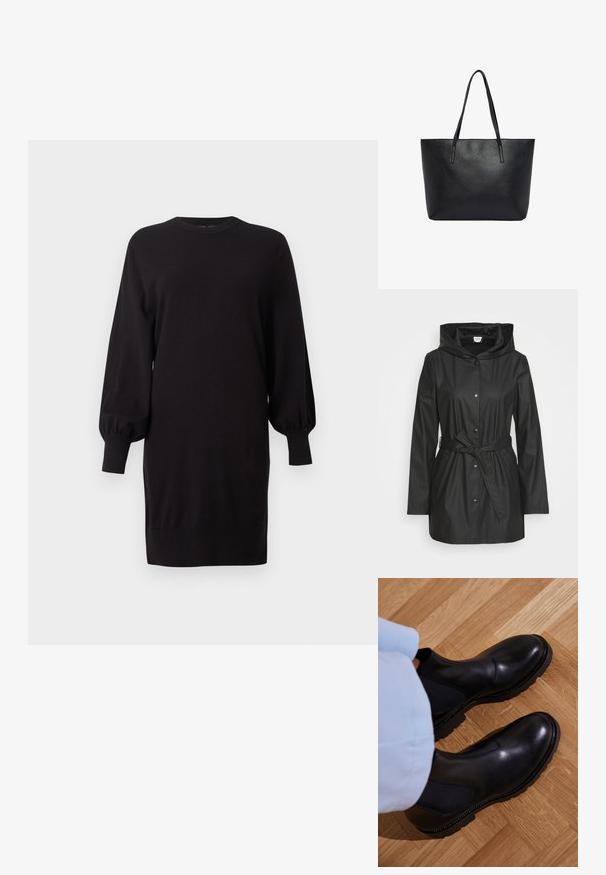 Veste noire imperméable avec capuche. Comprend une fermeture à boutons-pression, une ceinture à nouer à la taille, et deux poches latérales. Texture lisse et design classique.; Robe-pull noire à manches longues avec manches ballon et poignets côtelés, col rond et ourlet droit, présentée sur un fond uni.; Bottines noires en cuir lisse avec des panneaux latéraux élastiques, une semelle en caoutchouc texturé et des coutures contrastantes le long du bord.; Sac fourre-tout en cuir noir texturé avec deux longues bretelles d'épaule, forme rectangulaire et ouverture sur le dessus.